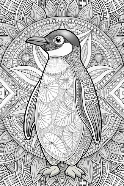 a black and white illustration of a duck with a pattern in the background