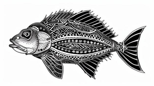 Photo black and white illustration of fish with fully tribal art design