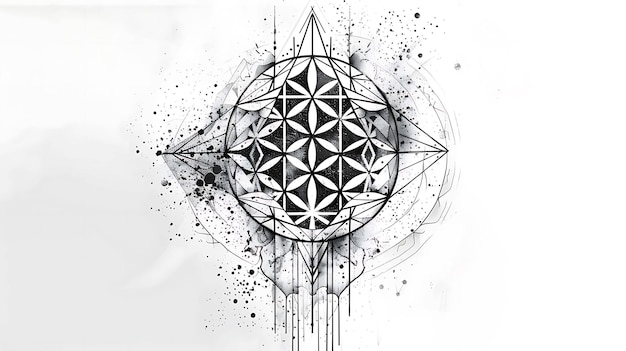 Photo a black and white illustration of a flower of life and other geometric shapes with a splattered paint effect