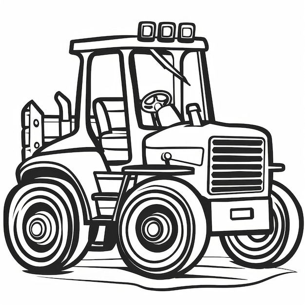 Black and white illustration of a front view of a tractor great for childrens coloring pages and educational tools