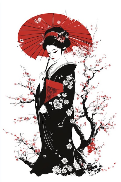 Photo a black and white illustration of a geisha in a traditional kimono