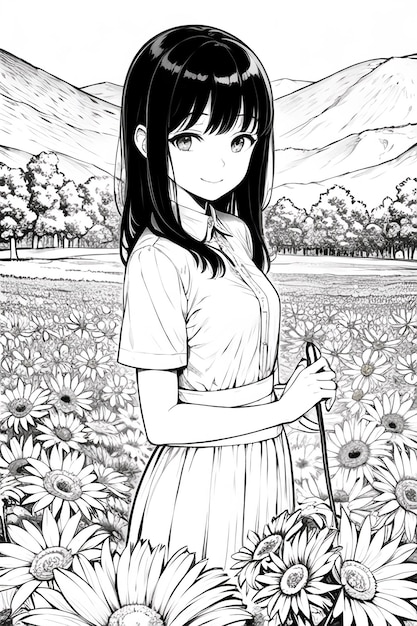 A black and white illustration of a girl in a field of flowers.