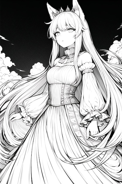 A black and white illustration of a girl with long hair and a dress that says'the girl is wearing a dress. '