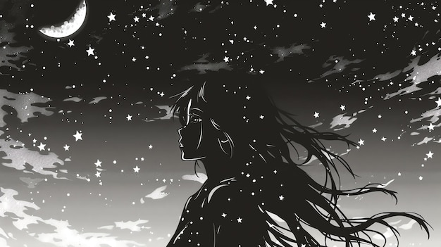 Photo a black and white illustration of a girl with long hair standing under a starry sky