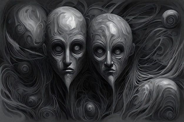 Black and white illustration of a group of alien heads with black hair