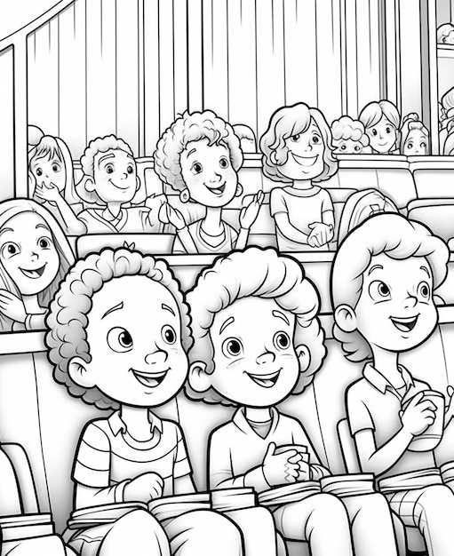 A black and white illustration of a group of children in a theater generative ai