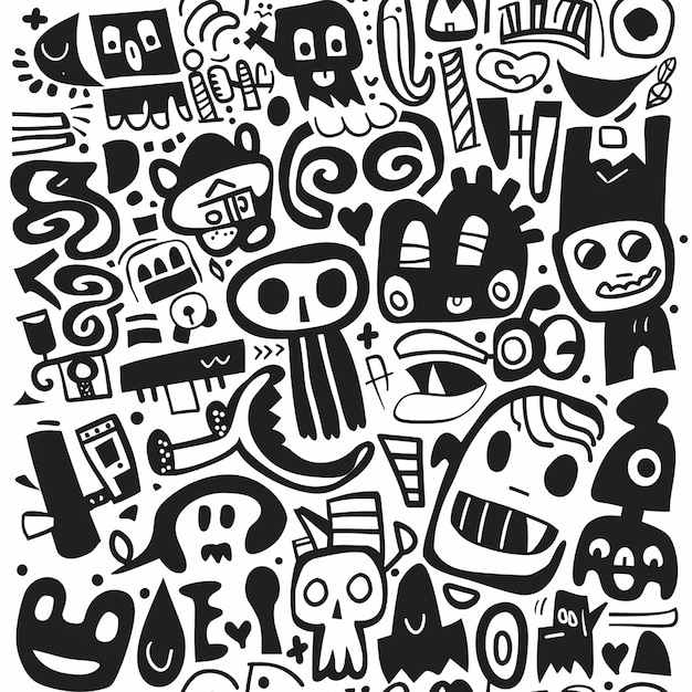 a black and white illustration of a group of people with faces and faces