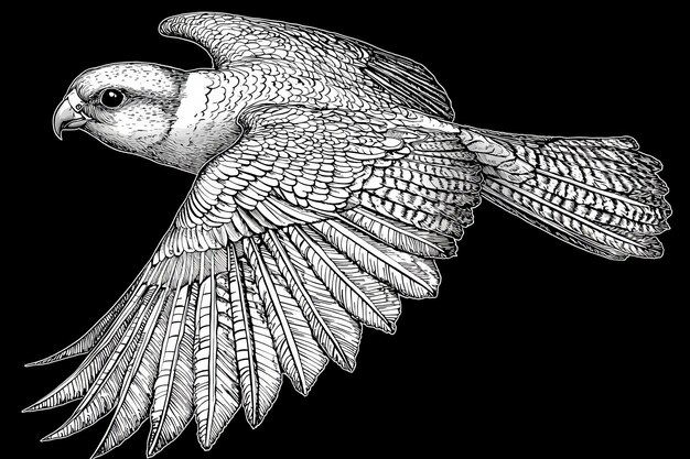 Photo black and white illustration of a hawk in flight