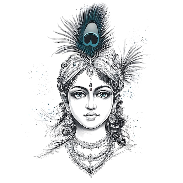 Photo a black and white illustration of a hindu deity with a peacock feather