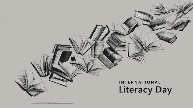 Photo black and white illustration of international library day on grey background generative ai