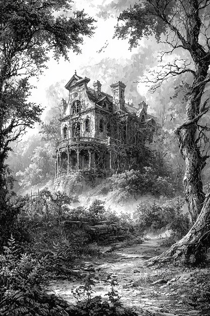 Black and White Illustration of a Large Victorian Mansion