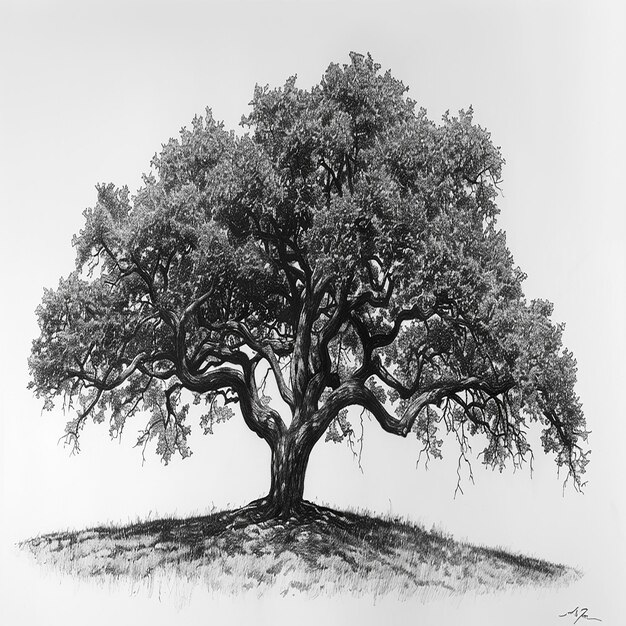 Photo black and white illustration of a majestic oak tree