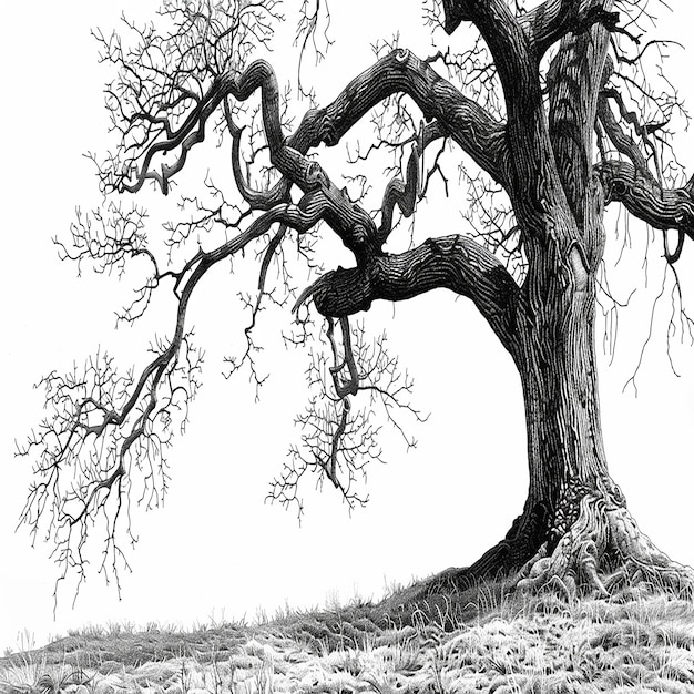 Photo black and white illustration of a majestic oak tree