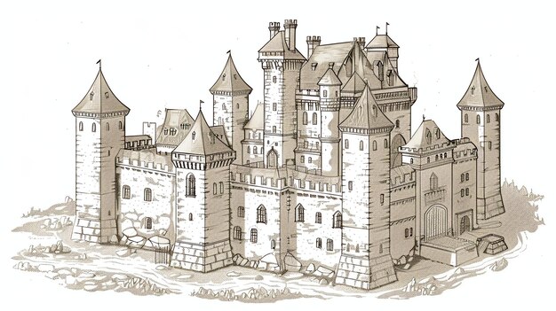 Photo a black and white illustration of a medieval castle with towers walls and a gate