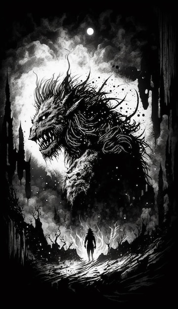 A black and white illustration of a monster with a man in the background.