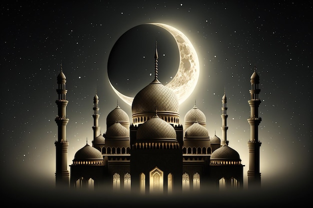 A black and white illustration of a mosque with a moon in the background.