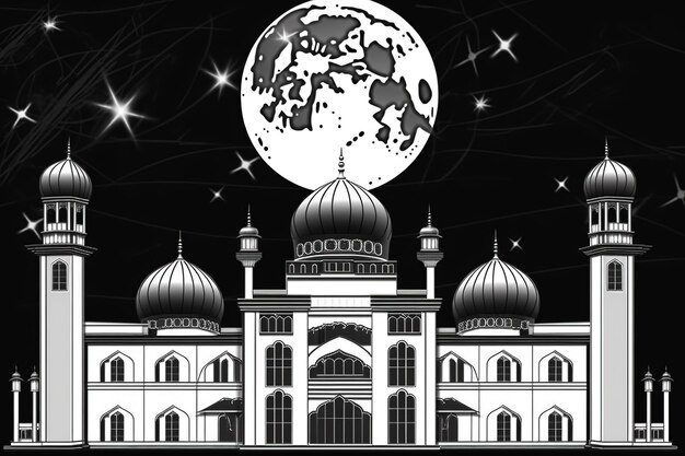 A black and white illustration of a mosque with the moon in the background