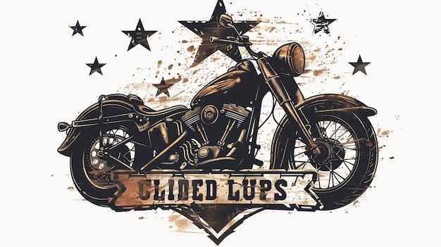 A black and white illustration of a motorcycle with a vintage grungy feel