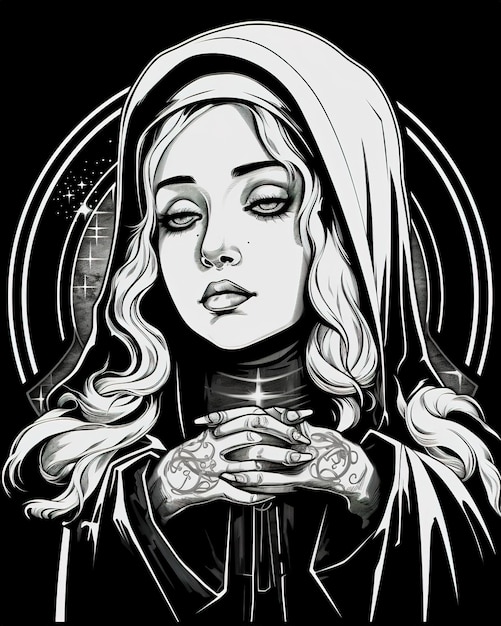 A black and white illustration of a nun with the word jesus on it