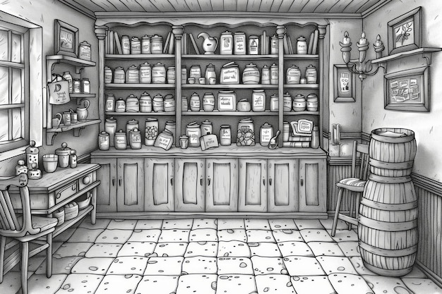 Black and white illustration of an old fashioned general store representing nostalgia and historica