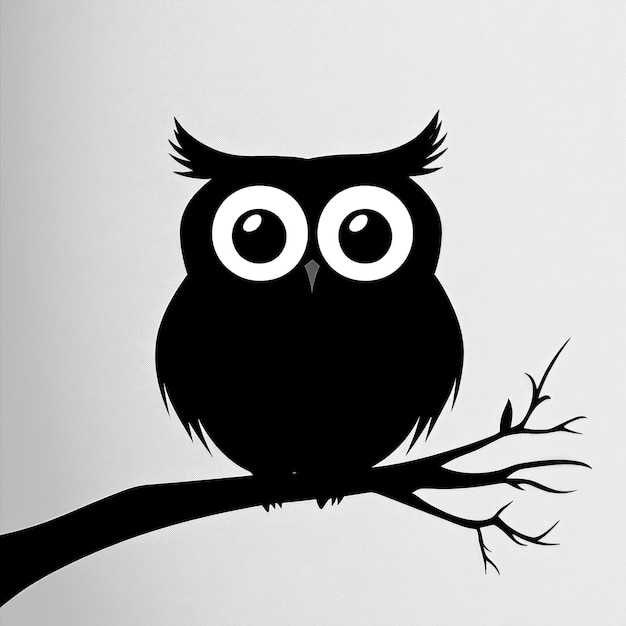 A black and white illustration of an owl perched on a branch