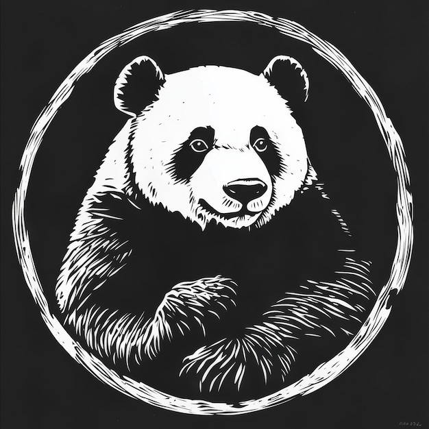 A black and white illustration of a panda bear inside a circle on a black background