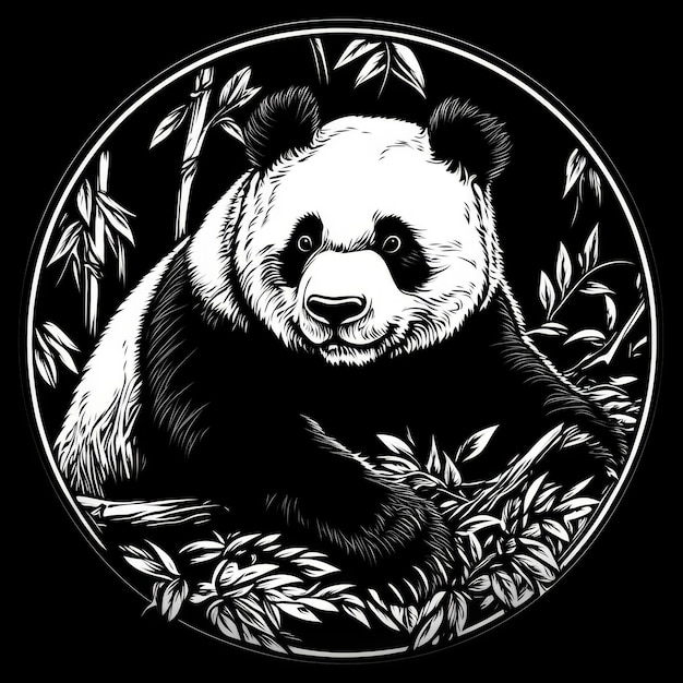 A black and white illustration of a panda bear sitting in a circle of bamboo