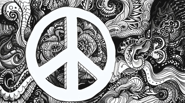 A black and white illustration of a peace sign surrounded by a intricate pattern