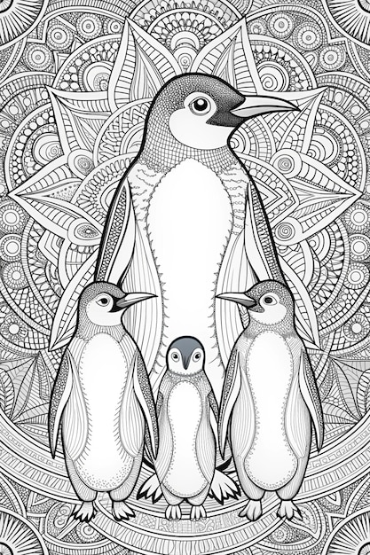 Photo a black and white illustration of a penguin and two small penguins