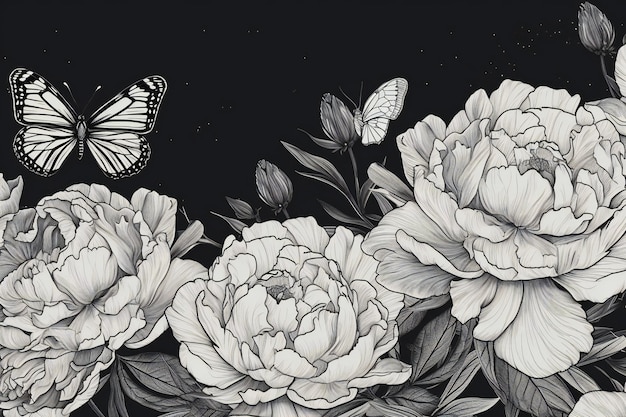 A black and white illustration of peonies with a butterfly on the top.