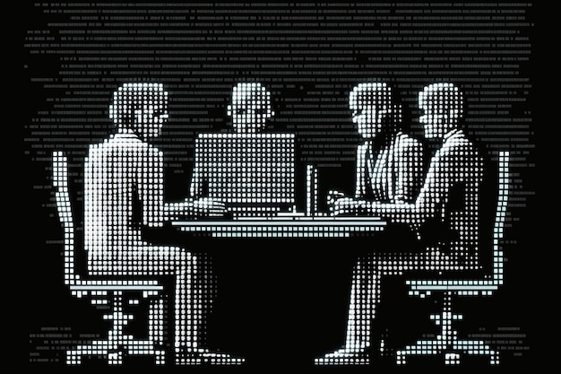 A black and white illustration of people sitting at a table with a computer screen that says'the word'on it '