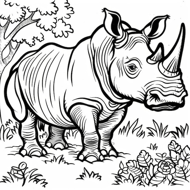 Black and white illustration of a rhinoceros standing in nature featuring detailed botanical surroundings