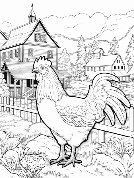 a black and white illustration of a rooster standing in front of a farm generative ai