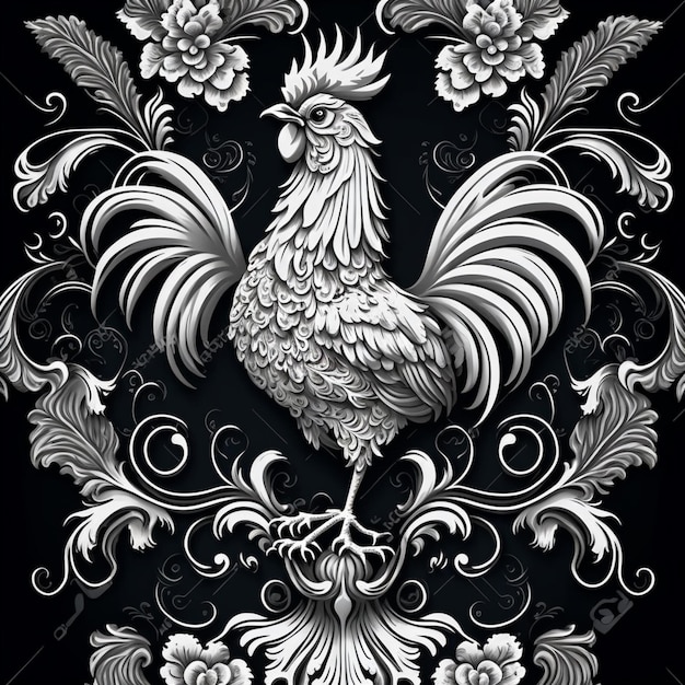 A black and white illustration of a rooster with floral ornaments.