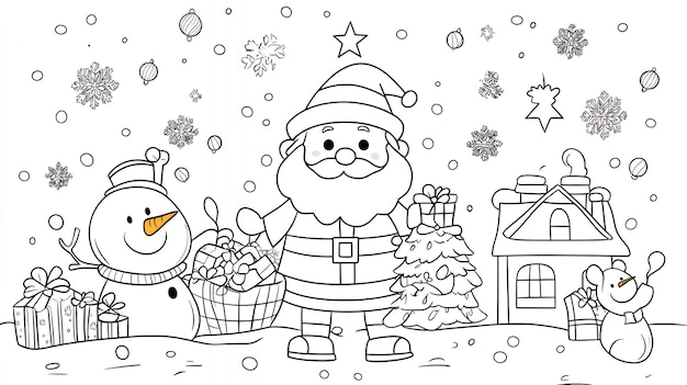 Photo black and white illustration of santa claus a snowman a christmas tree a house and gifts