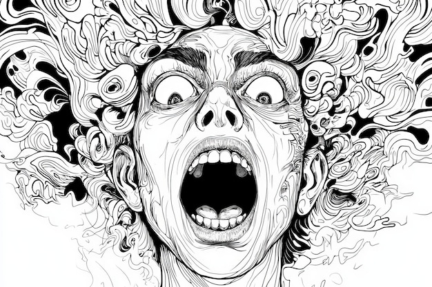 Photo a black and white illustration of a screaming face with detailed hair