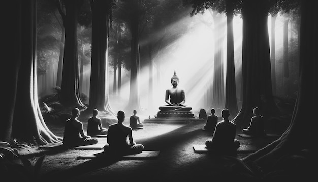 Photo black and white illustration of a serene scene for asalha puja