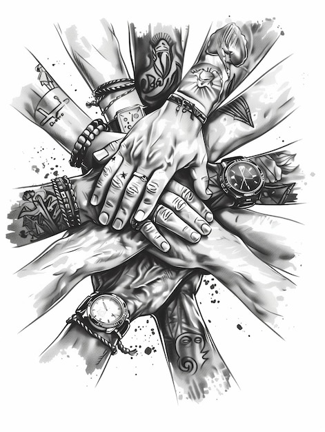 a black and white illustration showing the hands of a diverse office team coming together in a stack