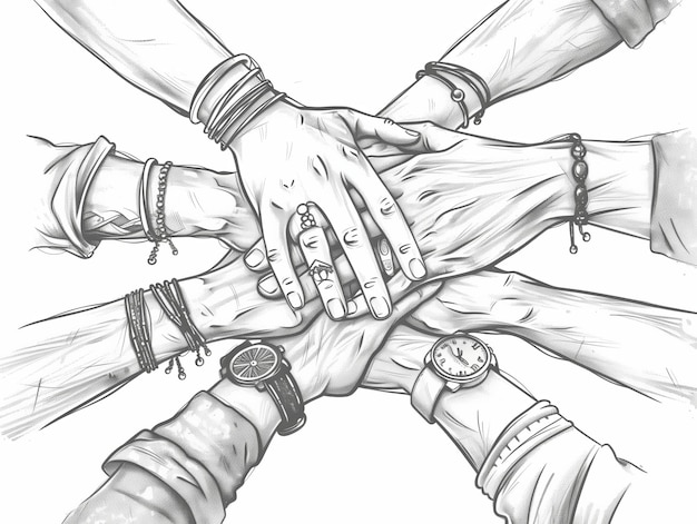 a black and white illustration showing the hands of a diverse office team coming together in a stack