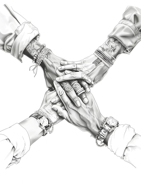 a black and white illustration showing the hands of a diverse office team coming together in a stack