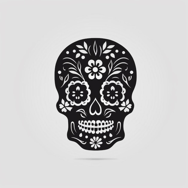 A black and white illustration of a skull with a floral pattern.