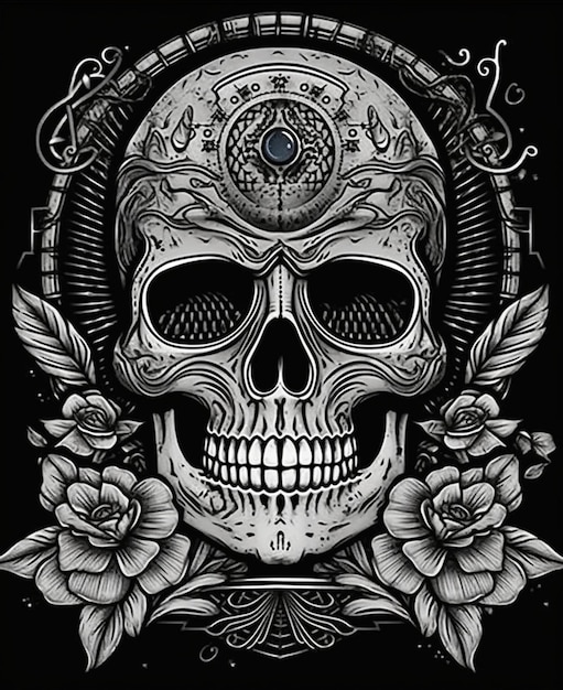 A black and white illustration of a skull with a flower and the word skull on it.