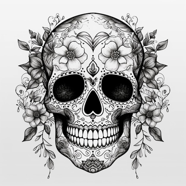 A black and white illustration of a skull with roses.