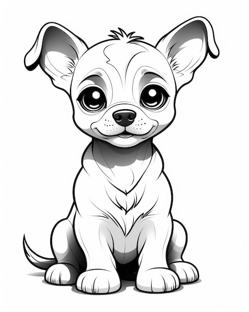 Black and white illustration small seated puppy dog with large round eyes and a happy expression