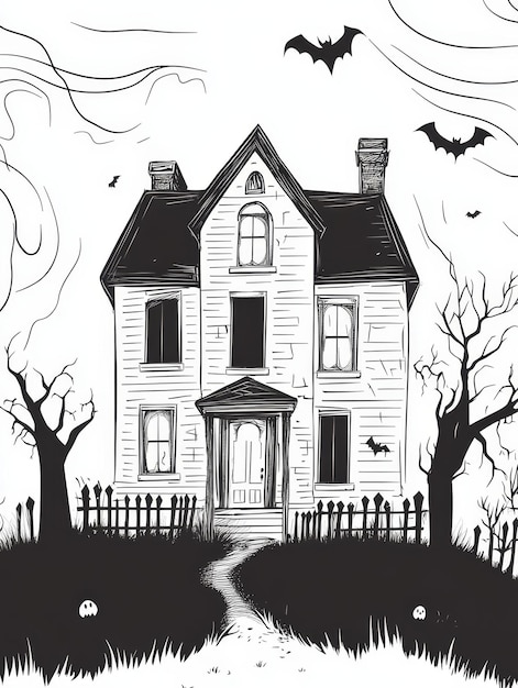 Photo a black and white illustration of a spooky haunted house with a fence a pathway and bats flyi