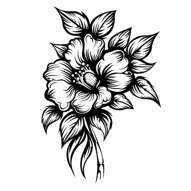 black and white illustration in tattoo style a beautiful exotic flower on a white background