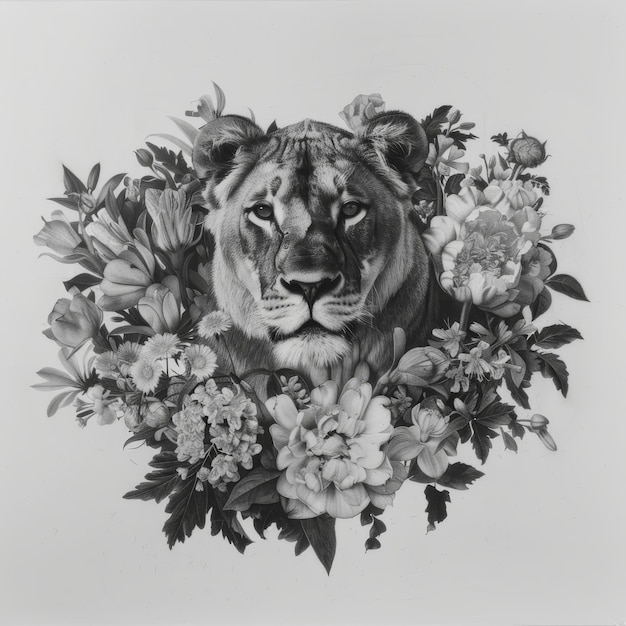 Photo black and white illustration of a tiger in a wreath of flowers