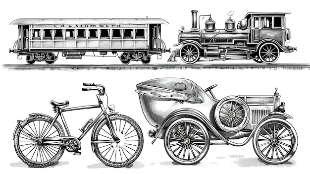 Photo black and white illustration of a train car and bicycle