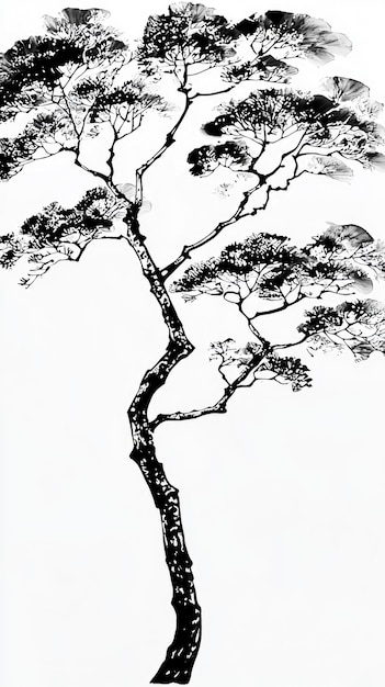 Black and White Illustration of a Tree with Twisted Branches