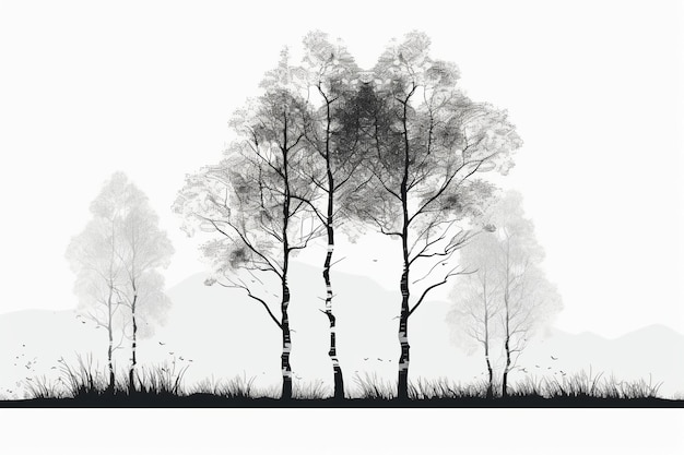 A black and white illustration of trees with the word trees on the left.